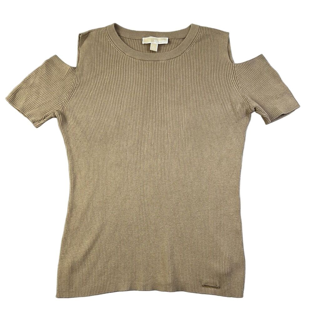 Michael Kors Cold Shoulder Ribbed Knit Sweater Tan L Cotton Blend
